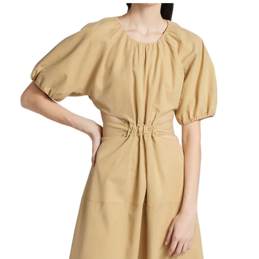 Moon River Puff-Sleeve Cut-Out Poplin Midi-Dress